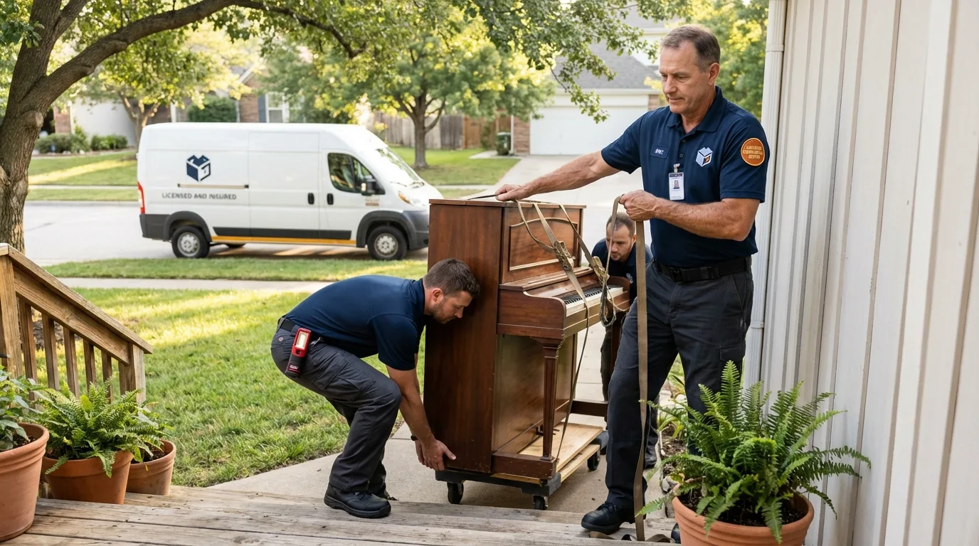 Licensed piano movers securing grand piano in Loyal, WI