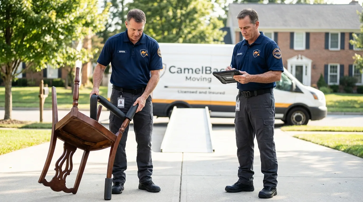 Movers inspecting furniture for damage prevention before loading in Loyal, WI
