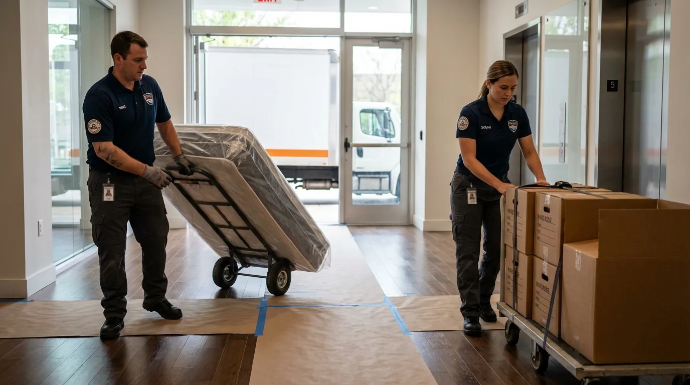 Professional apartment movers loading elevator in Loyal, WI